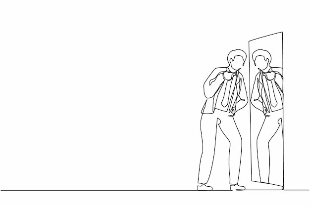 Un dibujo continuo de una línea de un hombre de negocios enojado luchando con el reflejo del espejo Ilustración de un tipo furioso