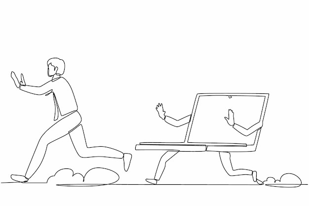 Dibujo continuo de una línea hombre de negocios estresado perseguido por una computadora portátil empleado masculino en la oficina