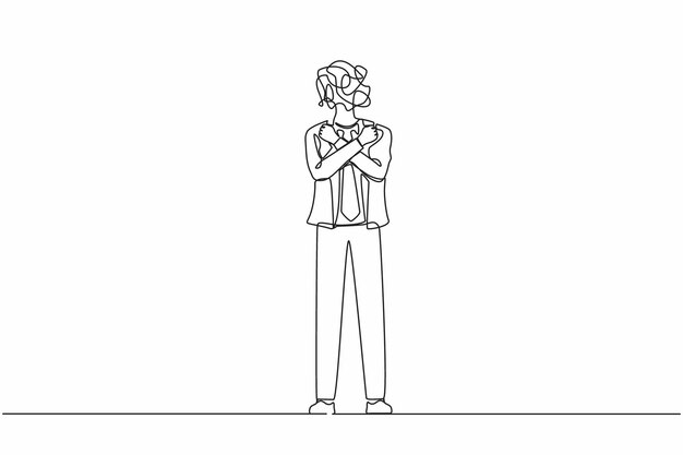 Un dibujo continuo de una línea de un hombre de negocios con garabates redondos en lugar de la cabeza brazos cruzados y feliz