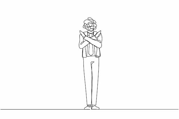 Dibujo continuo de una línea hombre de negocios con garabates redondos en lugar de cabeza hombre con brazos cruzados