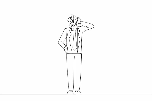 Un dibujo continuo de una línea de un hombre de negocios con garabates redondos en lugar de una cabeza humana preocupante