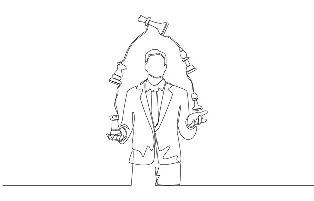 Dibujo continuo de una línea de un hombre de negocios haciendo malabarismos con piezas de ajedrez estrategia para el concepto de negocio