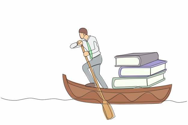 Un dibujo continuo de una línea de un hombre de negocios inteligente de pie en el barco y navegando con una pila de libros