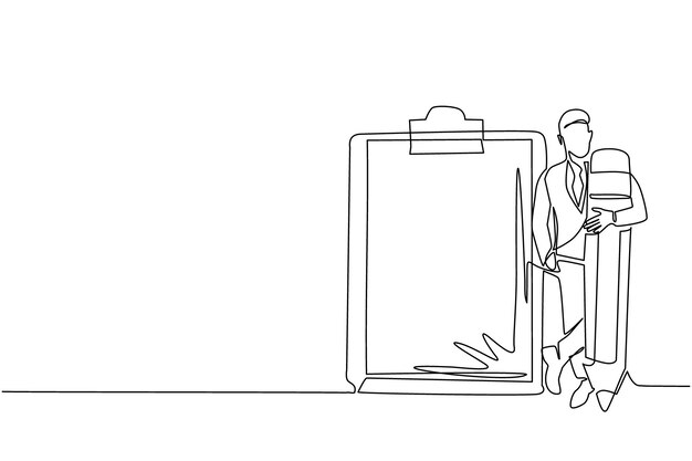 Dibujo continuo de una línea hombre de negocios con lápiz gigante vector de tiempo de planificación diaria eficaz