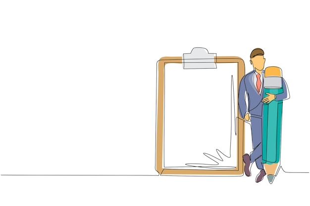 Dibujo continuo de una línea hombre de negocios con lápiz gigante vector de tiempo de planificación diaria eficaz