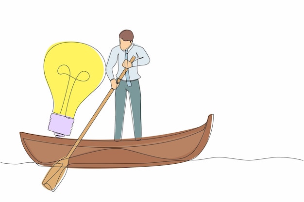 Un dibujo continuo de una línea de un hombre de negocios de pie en un barco y navegando con una ilustración de una bombilla