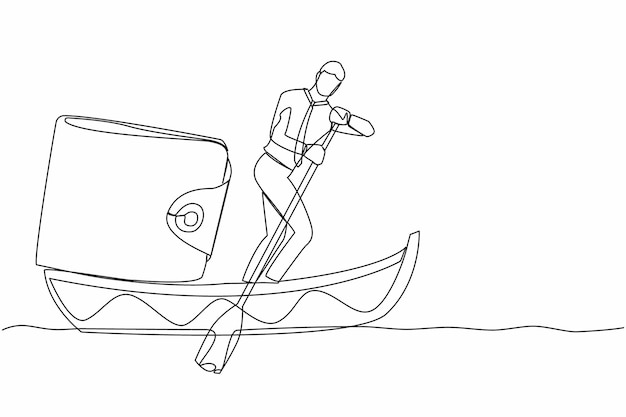 Dibujo continuo de una línea de un hombre de negocios de pie en un barco y navegando con ilustración vectorial de bolso
