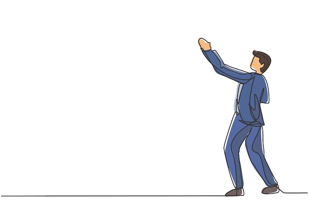 Dibujo continuo de una línea de un hombre de negocios de pie y levantando el gesto de la mano Diseño gráfico vectorial