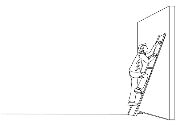 Dibujo continuo de una línea hombre de negocios subiendo la pared con una escalera metáfora de obstáculo de negocios
