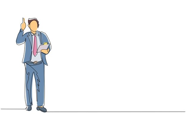 Dibujo continuo de una línea hombre de negocios vestido con traje sosteniendo el portapapeles y señalando con el dedo índice hacia arriba