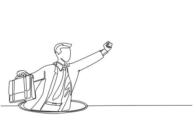 Un dibujo continuo de una línea de un hombre de negocios volador con ala y maletín saliendo de agujeros vector