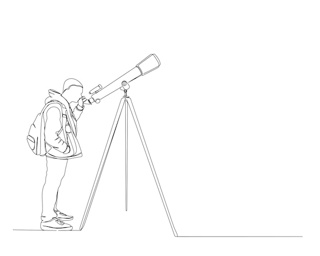 Dibujo continuo de una línea de un hombre observando el espacio con la herramienta de astronomía Telescopio