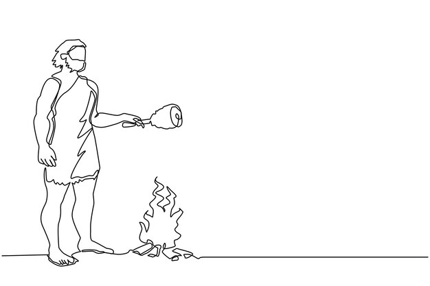 Un dibujo continuo de una línea del hombre prehistórico de pie y cocinando carne en la ilustración vectorial de la hoguera