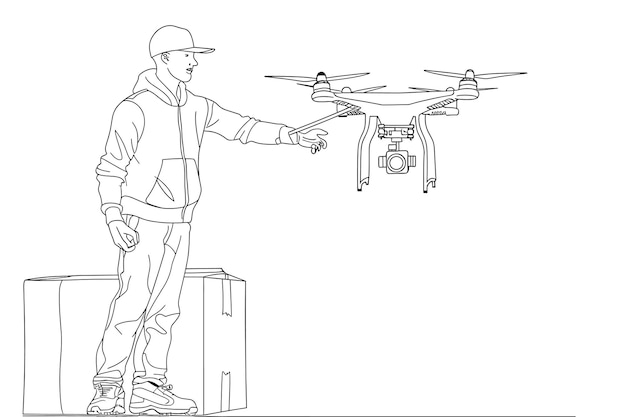 Dibujo continuo de una línea del hombre que opera el control remoto del dron