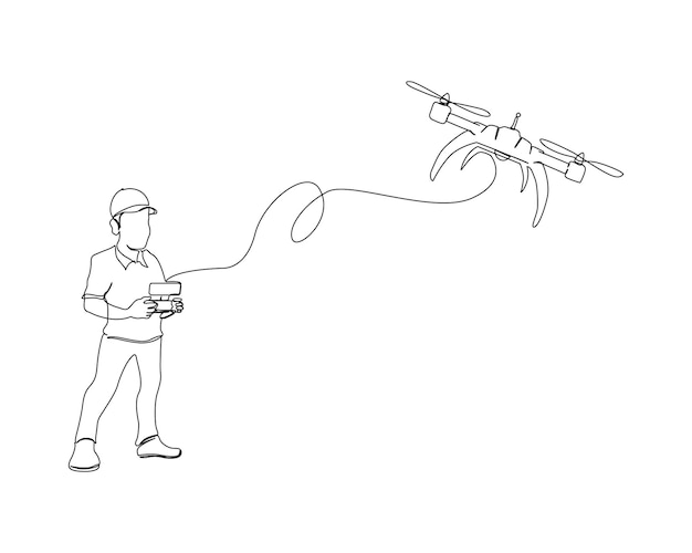 Dibujo continuo de una línea del hombre que opera el dron
