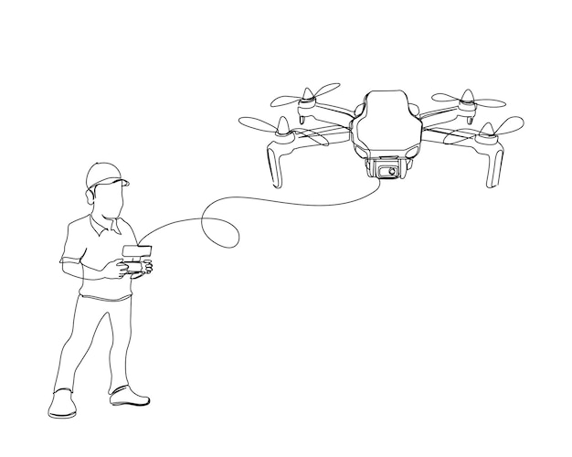 Dibujo continuo de una línea del hombre que opera el dron