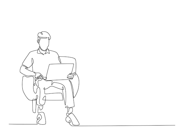 Dibujo continuo de una línea de un hombre sentado en un cómodo sillón trabajando en una computadora portátil