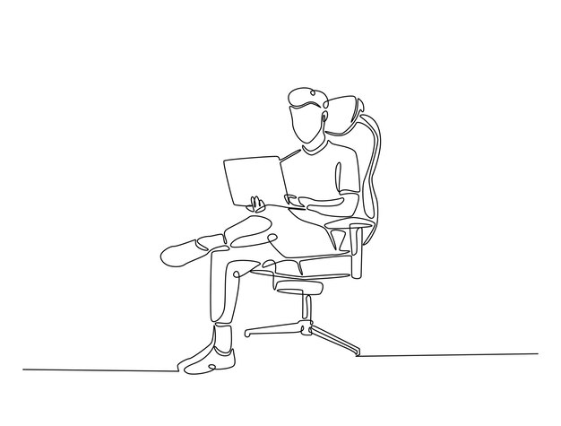 Dibujo continuo de una línea de un hombre sentado en un cómodo sillón trabajando en una computadora portátil
