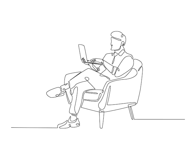Dibujo continuo de una línea de un hombre sentado en un cómodo sillón trabajando en una computadora portátil