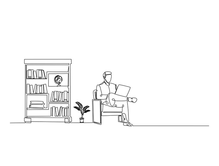 Vector dibujo continuo de una línea de un hombre sentado en un sillón junto a la estantería de la biblioteca
