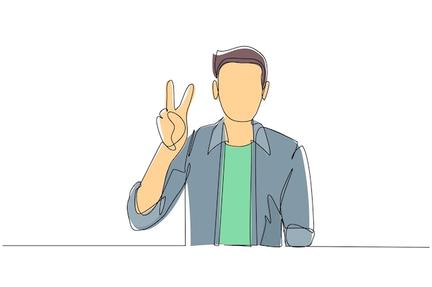 Un dibujo continuo de una línea hombre sonriente mostrando una señal de victoria joven empresario gesto de éxito