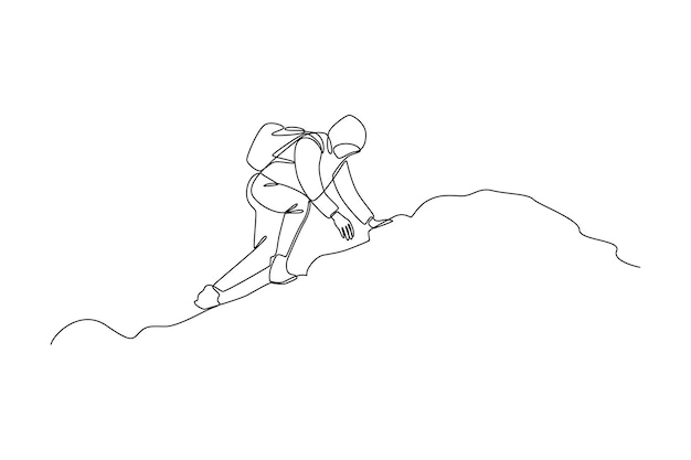 Dibujo continuo de una línea hombre sube a la montaña solo binocular y equipo de senderismo lectura del mapa de la ruta en busca de dirección ubicación de senderismo dibujo de una sola línea diseño de ilustración vectorial