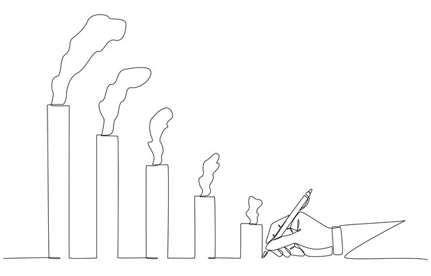 Dibujo continuo de una línea de hombres de negocios escribiendo a mano gráfico de la contaminación por humo en tendencia a la baja