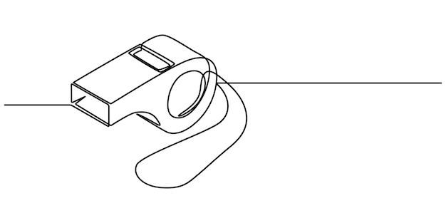 Dibujo continuo de una línea del icono del silbato deportivo en silueta sobre un fondo blanco