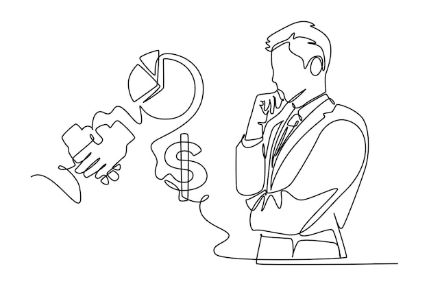 Dibujo continuo de una línea Los iconos comerciales están flotando por encima del concepto de cabeza