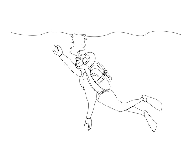 Dibujo continuo de una línea de la ilustración del buzo