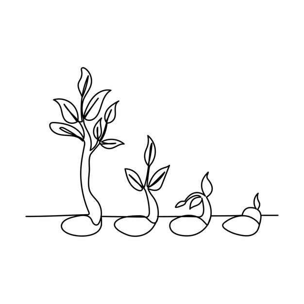 Dibujo continuo de una línea de la ilustración vectorial del contorno de procesamiento del crecimiento de las plantas