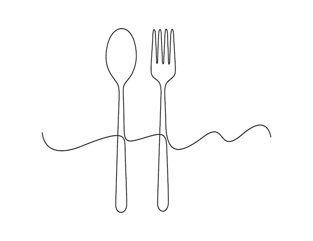 Dibujo continuo de una línea de la ilustración vectorial de cuchara y tenedor