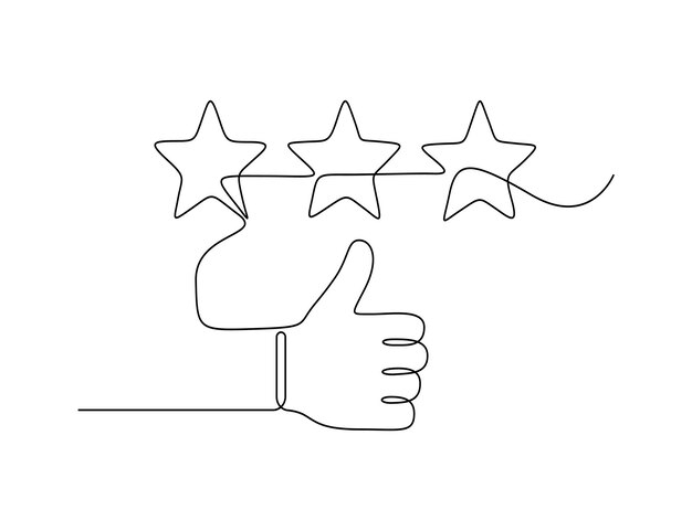 Dibujo continuo de una línea de la ilustración vectorial de estrellas de puntuación de pulgar hacia arriba