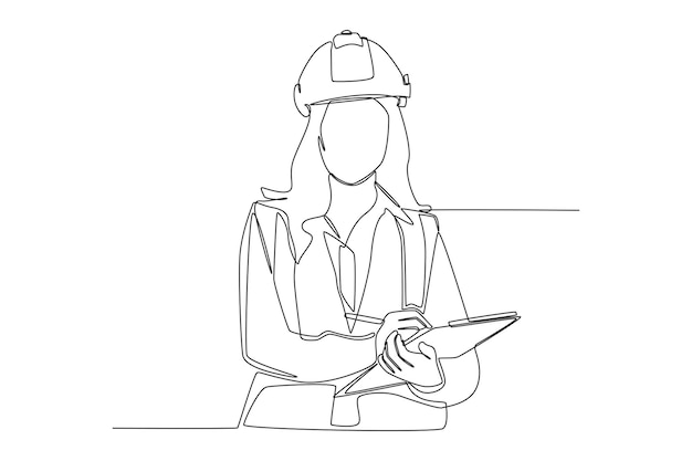 Dibujo continuo de una línea ingeniero de construcción femenino en casco de seguridad feliz de escribir informe Concepto de mujer moderna Ilustración gráfica de vector de diseño de dibujo de una sola línea