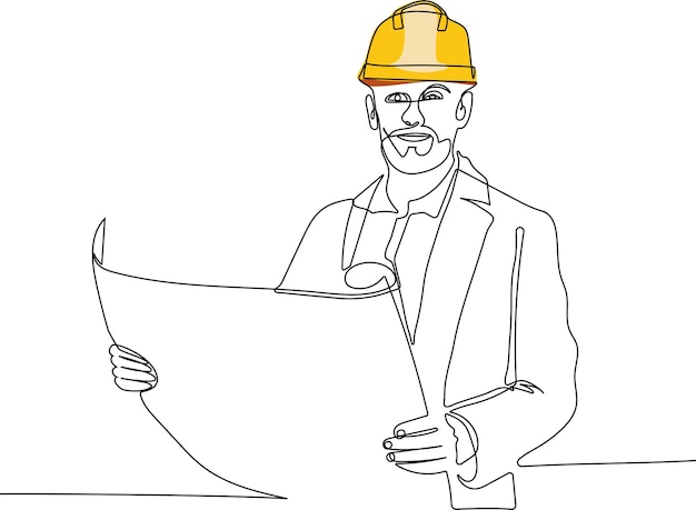 Dibujo continuo en una línea de un ingeniero con uniforme y casco de seguridad