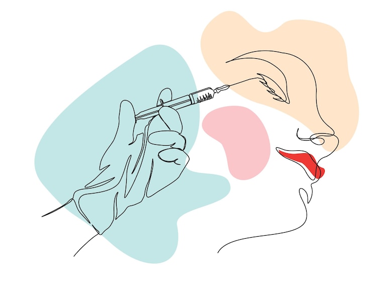 Vector dibujo continuo de una línea de la inyección de la jeringa en los labios con la mano