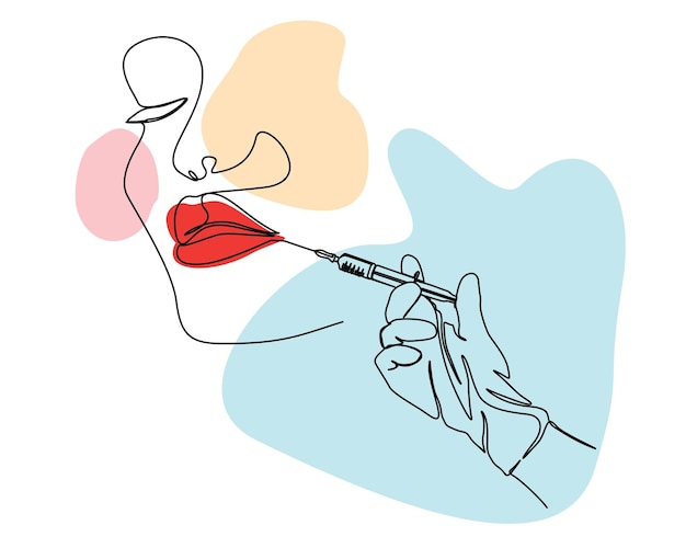 Dibujo continuo de una línea de la inyección de la jeringa en los labios con la mano