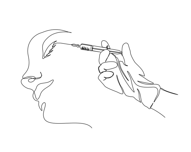 Vector dibujo continuo de una línea de la inyección de la jeringa en los labios con la mano
