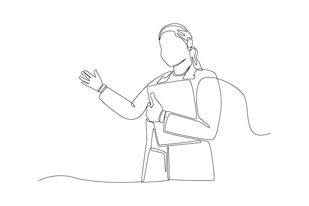 Dibujo continuo de una línea jefe femenino que presenta con gesto de mano Concepto de movimiento de jefe Ilustración gráfica vectorial de diseño de dibujo de una sola línea
