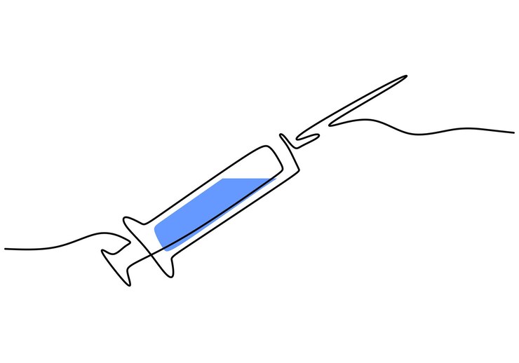 Dibujo continuo de una línea de jeringa con aguja para la prueba de vacuna corona