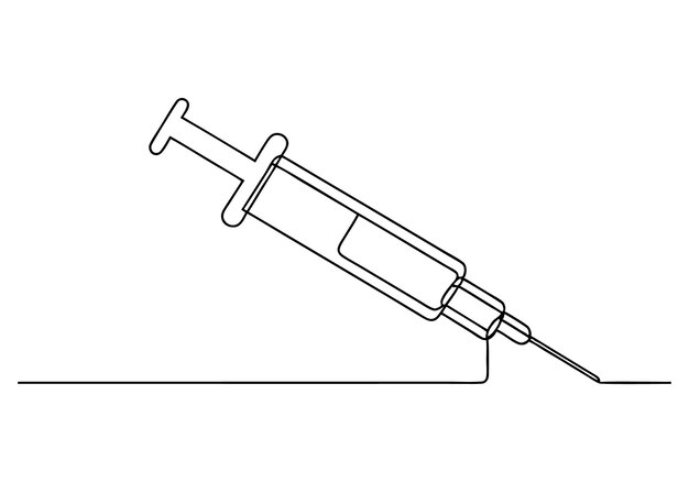 Dibujo continuo en una línea de una jeringa arte médico minimalista