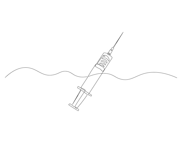 Dibujo continuo de una línea de la jeringa médica Ilustración de una línea del dibujo de una jeringa de inyección Concepto de la vacuna Línea única Esbozo editable