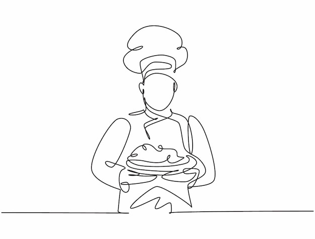 Dibujo continuo de una línea de un joven y apuesto chef uniformado sirviendo el plato principal al cliente