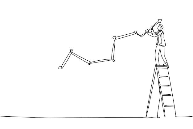 Dibujo continuo de una línea de un joven y apuesto trabajador dibuja el crecimiento de las ventas empresariales en el vector de la pared