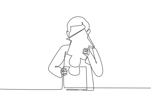 Dibujo continuo de una línea de un joven y apuesto trabajador organiza la pieza del rompecabezas en un vector de construcción