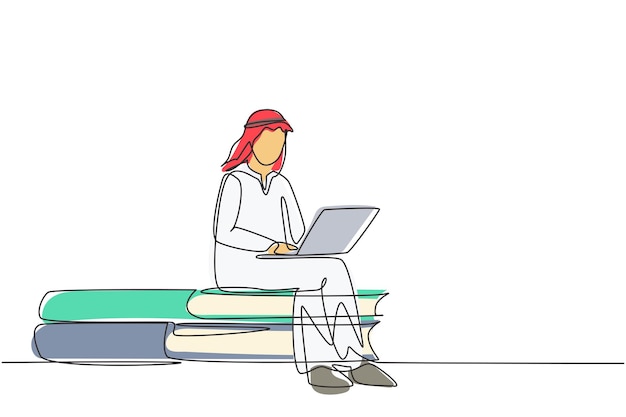 Un dibujo continuo de una línea de un joven árabe estudiando con una computadora portátil y sentado en un libro grande