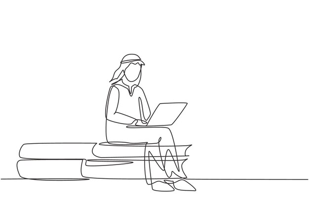 Un dibujo continuo de una línea de un joven árabe estudiando con una computadora portátil y sentado en un libro grande