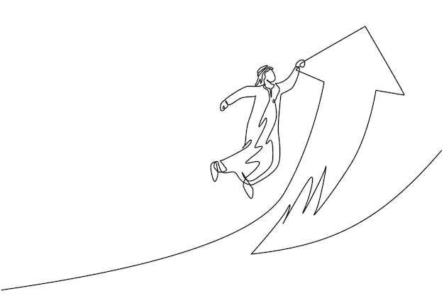 Dibujo continuo de una línea, joven, árabe, guapo, trabajador, sosteniendo, vuelo, arriba, símbolo de flecha, vector
