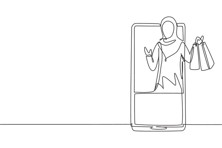 Vector dibujo continuo de una línea de una joven árabe que sale de la pantalla de un teléfono inteligente