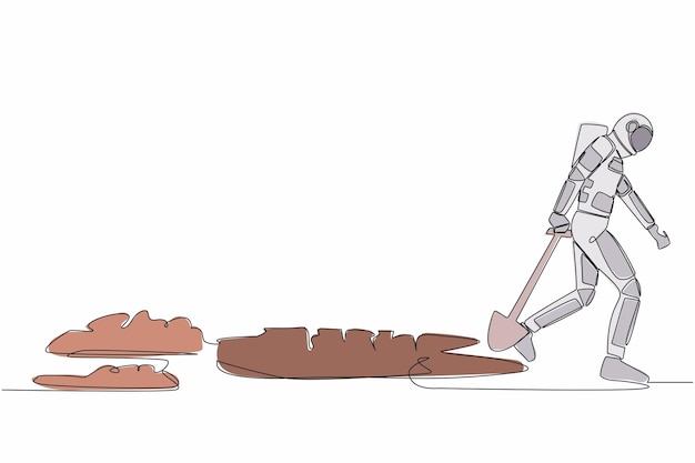 Un dibujo continuo de una línea joven astronauta caminando inestable dejando agujero excavado y arrastrando pala